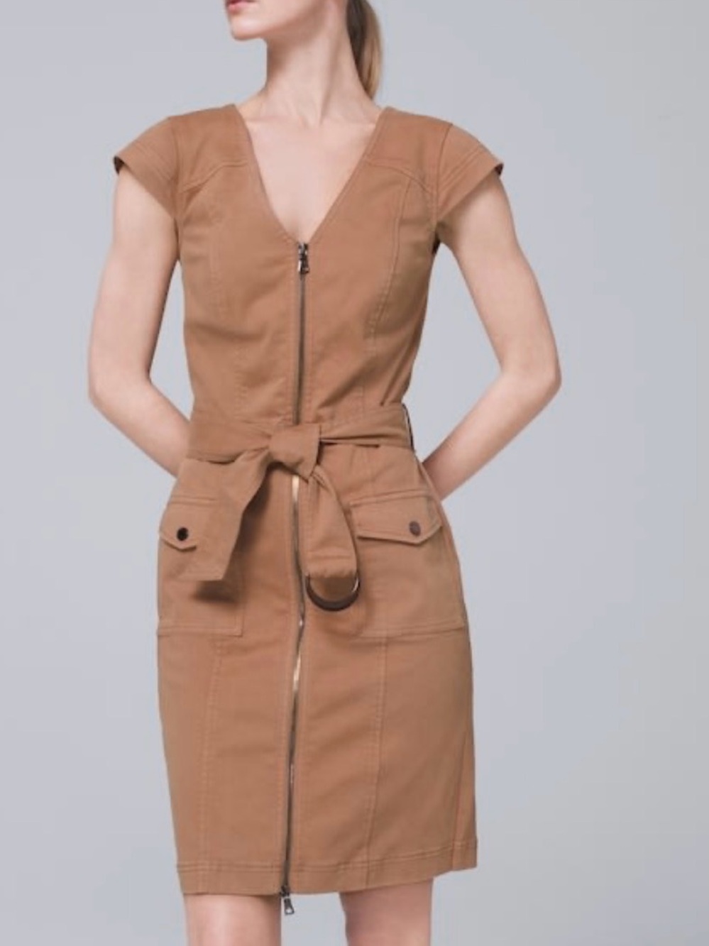 White House Black Market Utility Cargo Dress Belted Zip Front Fall Office| 12